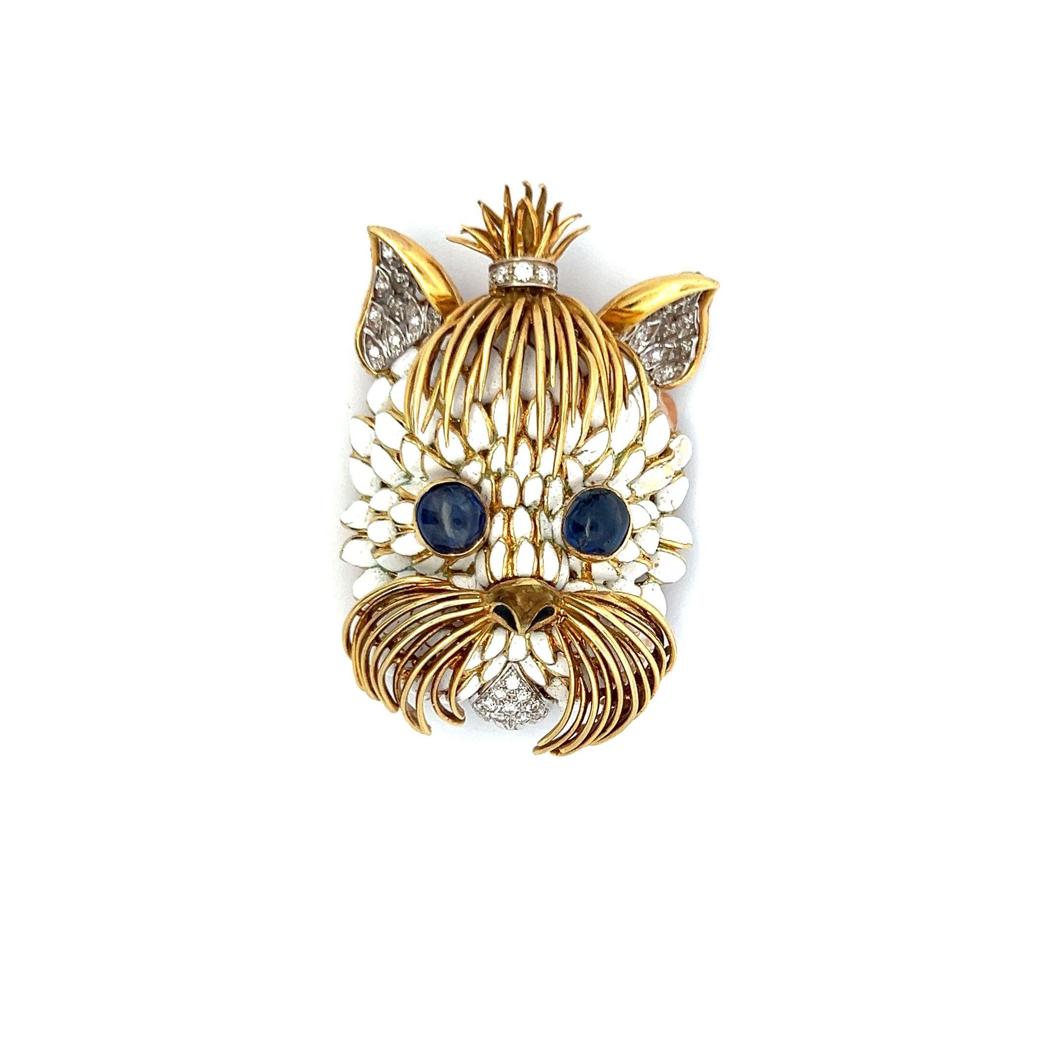 4.00 Carat Sapphire 1.30 Carat Round Diamond 18K Yellow Gold Pin Brooch For Sale 6