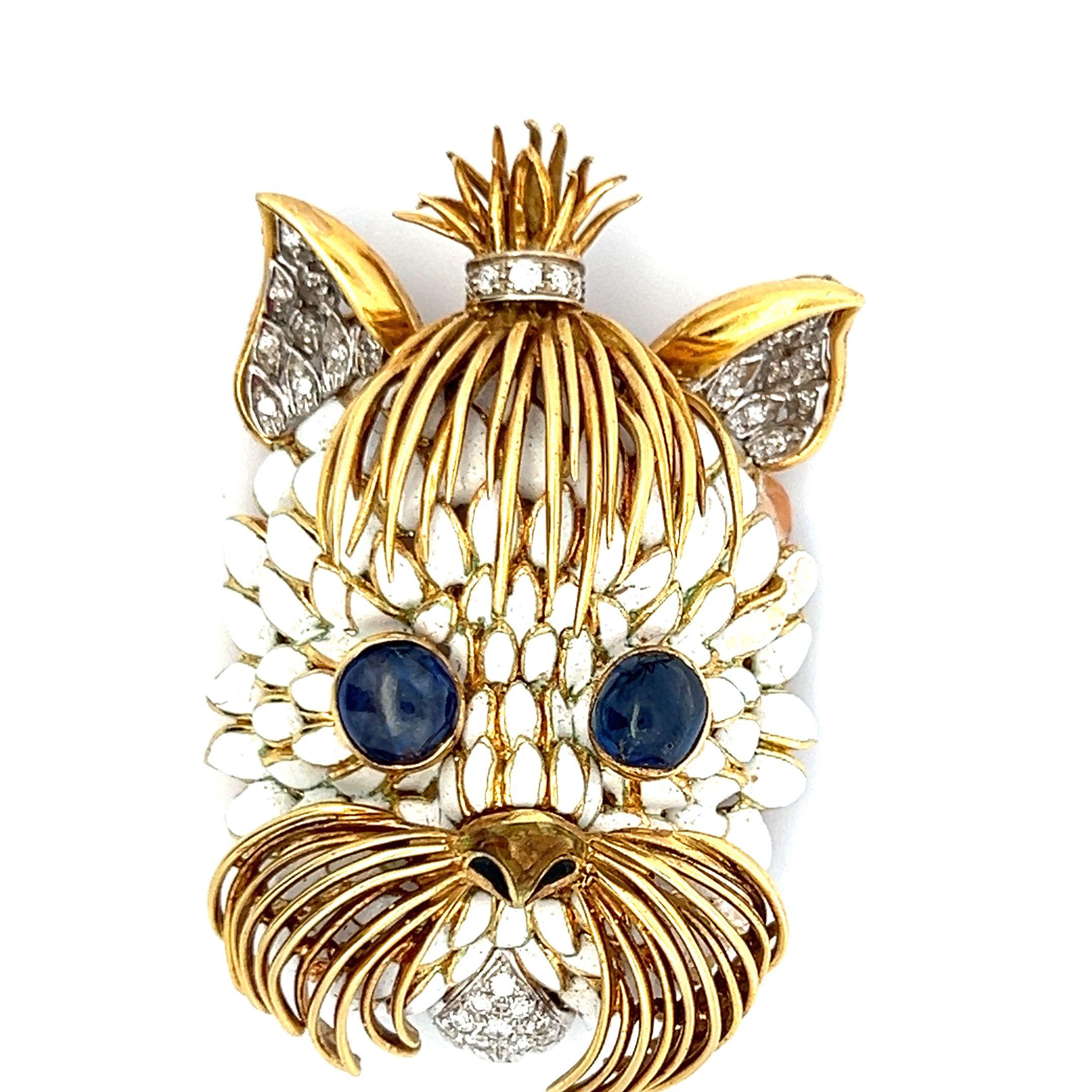 4.00 Carat Sapphire 1.30 Carat Round Diamond 18K Yellow Gold Pin Brooch For Sale 7