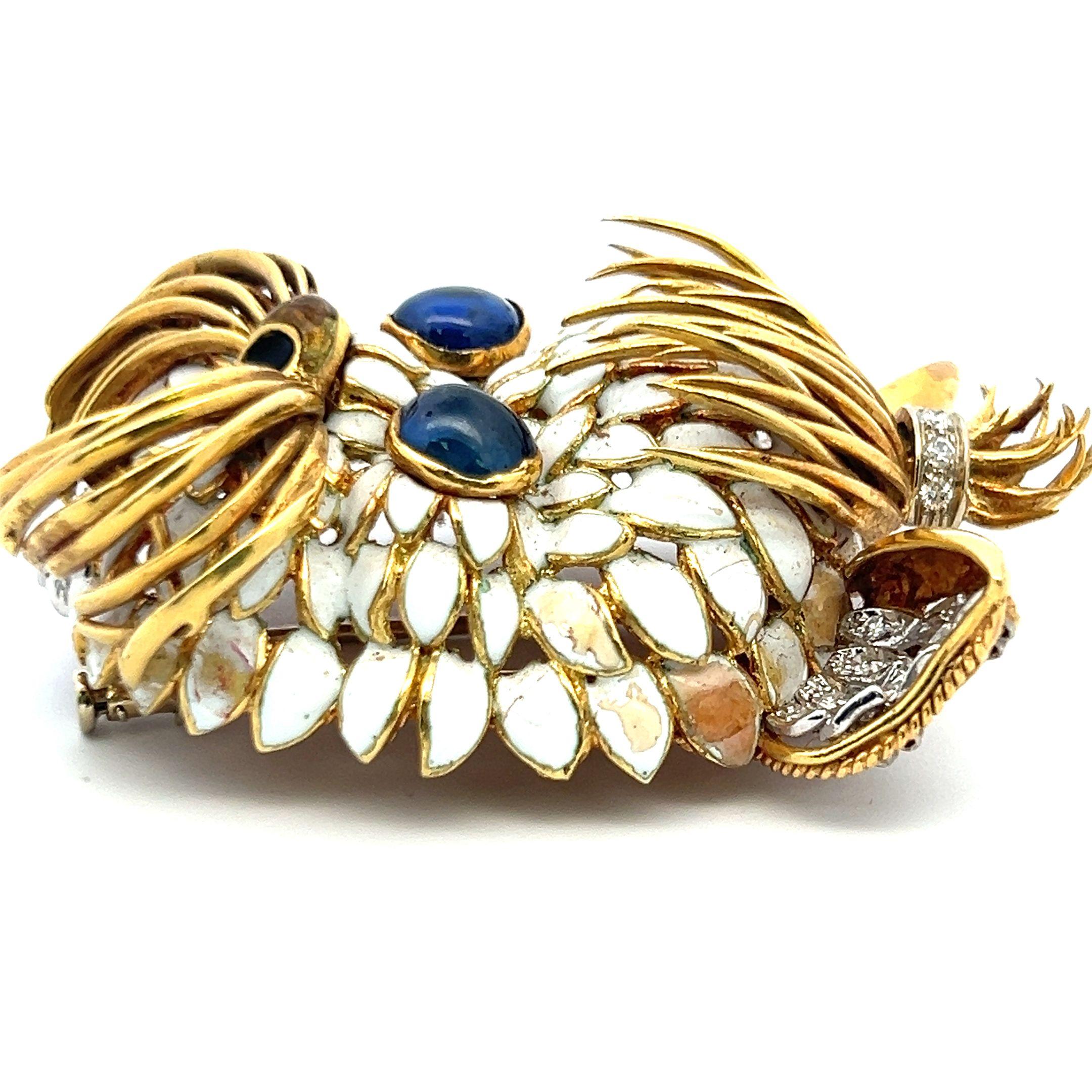 4.00 Carat Sapphire 1.30 Carat Round Diamond 18K Yellow Gold Pin Brooch For Sale 3