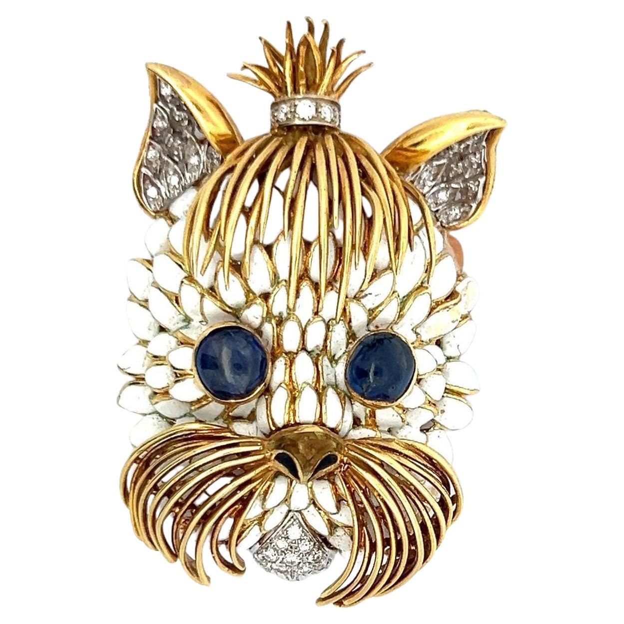 4.00 Carat Sapphire 1.30 Carat Round Diamond 18K Yellow Gold Pin Brooch