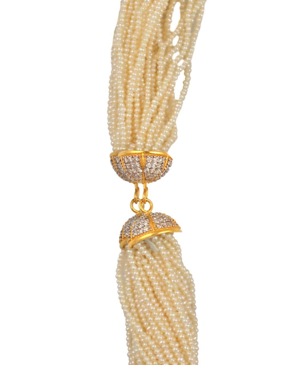 Women's 400 Carat Seed Pearl Necklace with Diamond & 14 Karat Yellow Gold Bell Cap Clasp For Sale