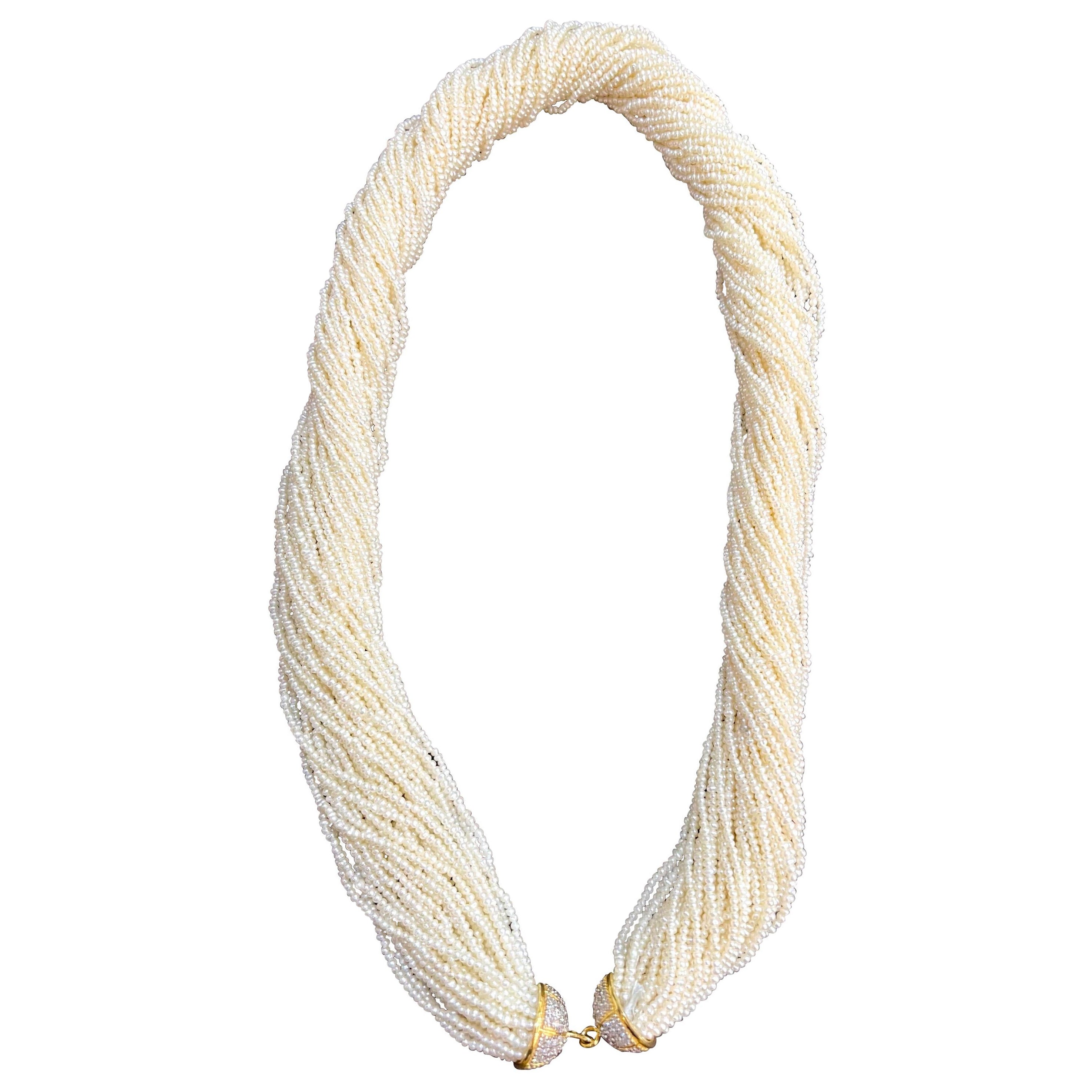 400 Carat Seed Pearl Necklace with Diamond & 14 Karat Yellow Gold Bell Cap Clasp