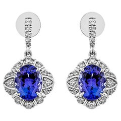 Boucles d'oreilles pendantes en or blanc 18 carats avec diamant, Tanzanite de 4,00 carats.