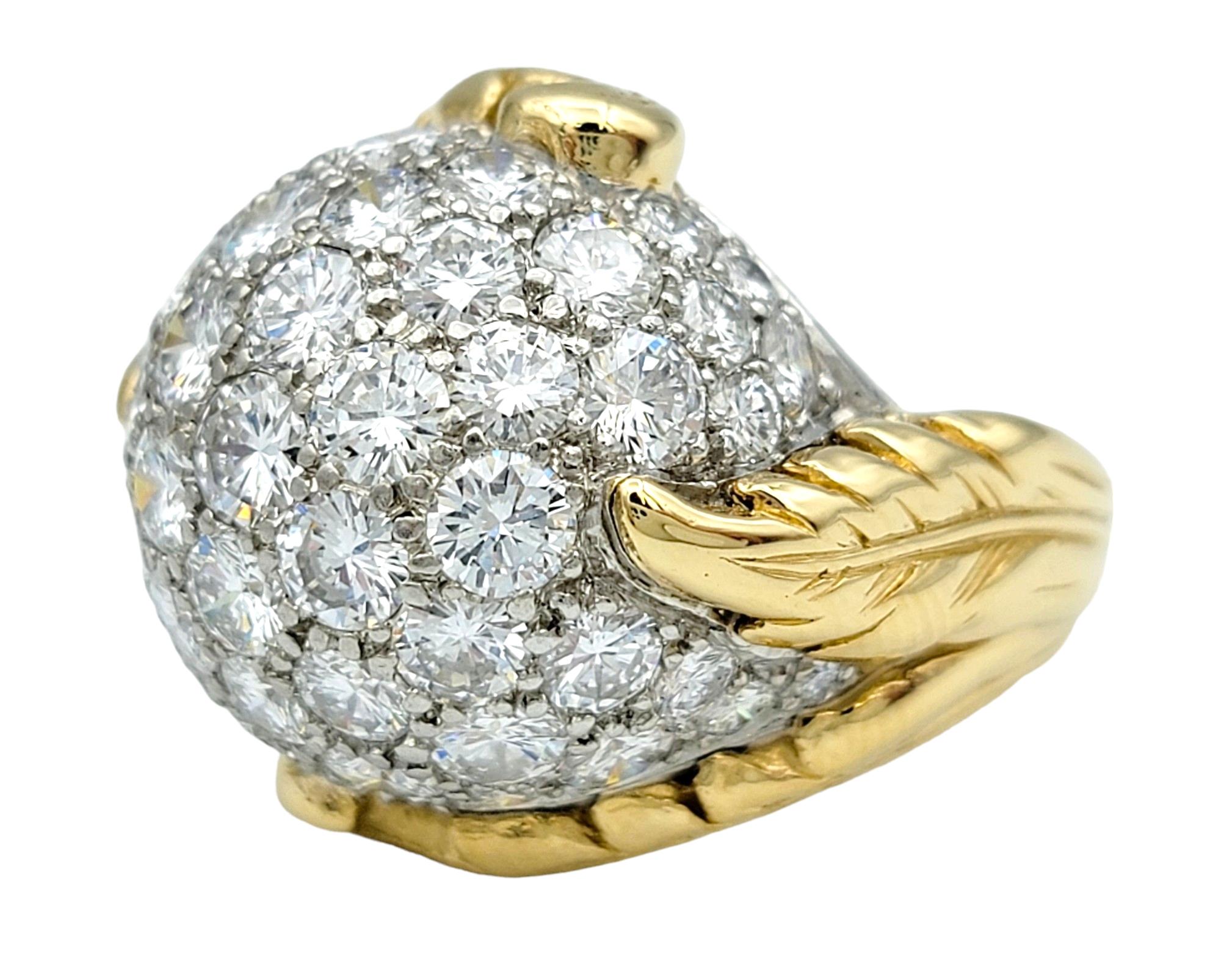 Round Cut 4.00 Carat Total Diamond Domed Cocktail Ring with Leaf Motif in 18 Karat Gold For Sale