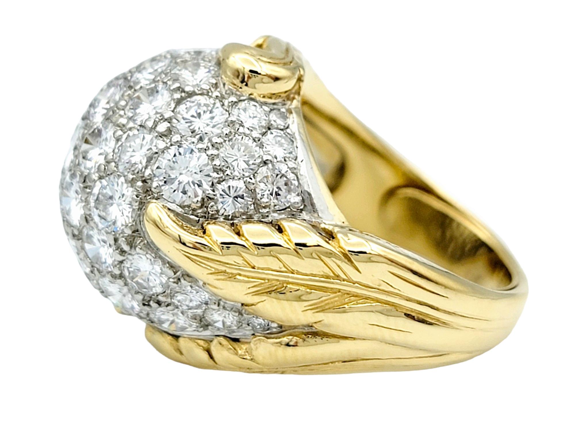 4.00 Carat Total Diamond Domed Cocktail Ring with Leaf Motif in 18 Karat Gold In Good Condition For Sale In Scottsdale, AZ