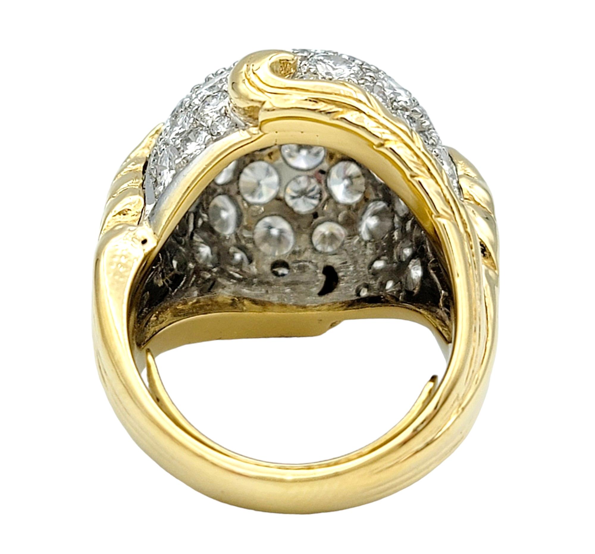 Women's 4.00 Carat Total Diamond Domed Cocktail Ring with Leaf Motif in 18 Karat Gold For Sale