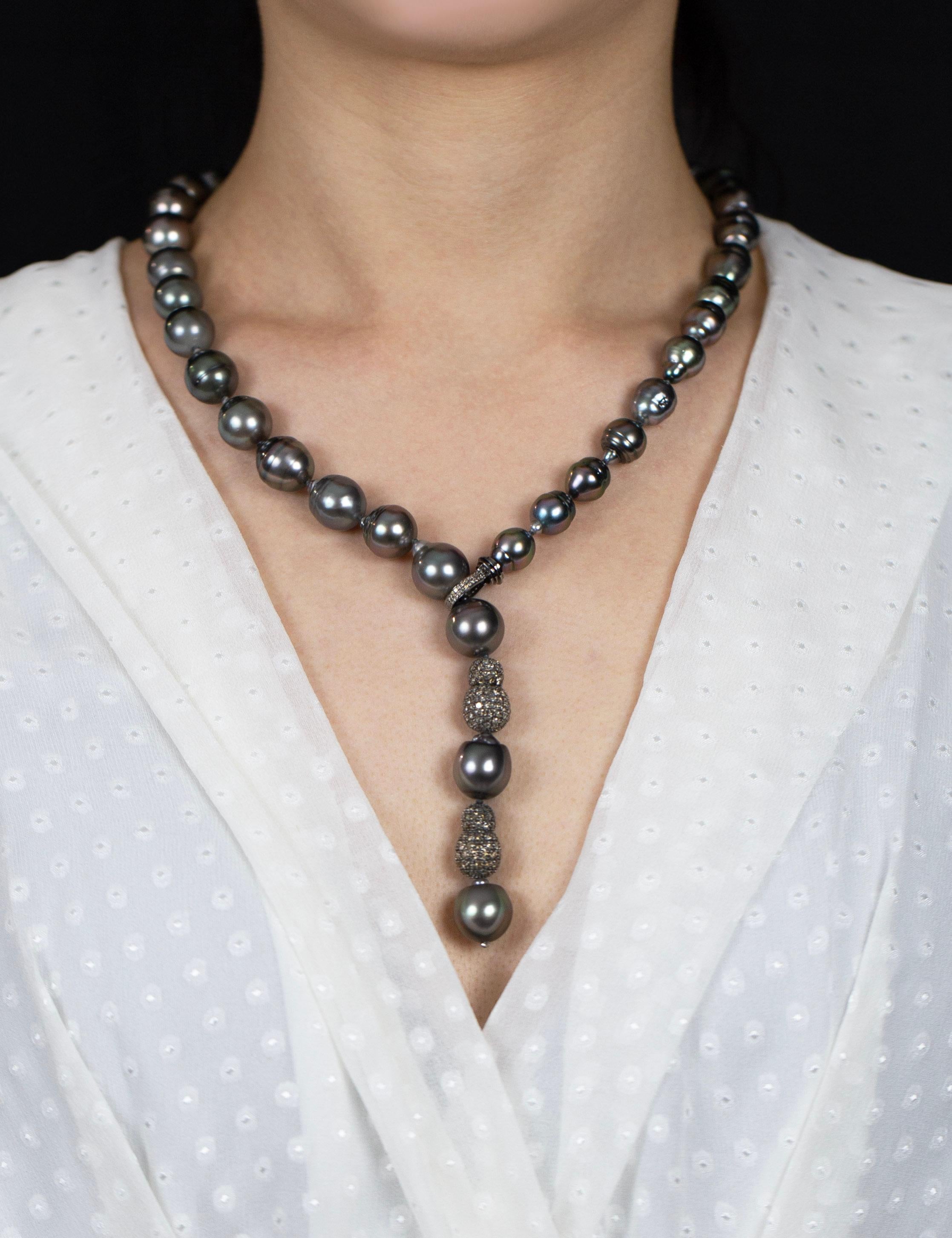 Contemporary 4.00 Carat Total Diamond Lariet and Tahitian Baroque Pearl Necklace For Sale