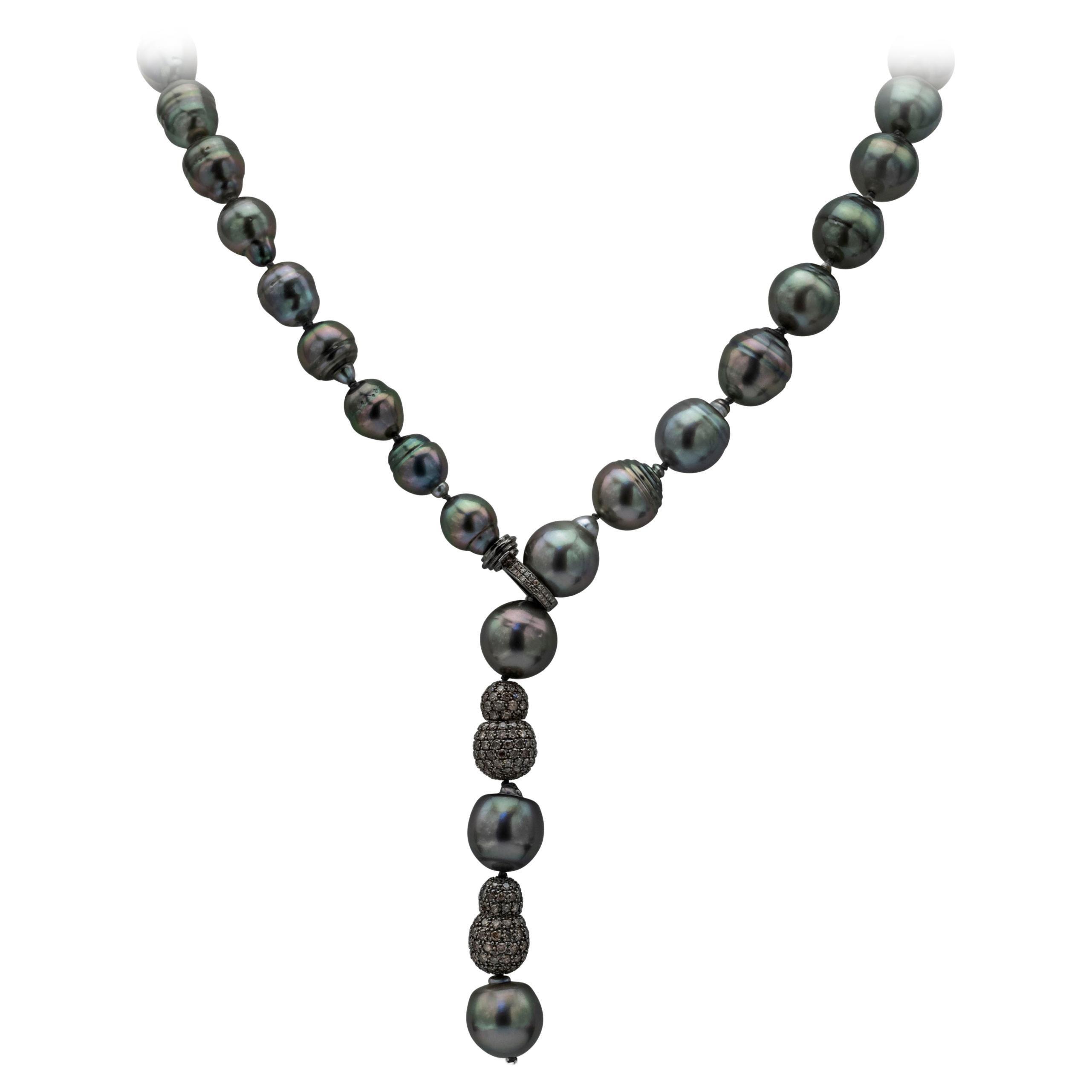 4.00 Carat Total Diamond Lariet and Tahitian Baroque Pearl Necklace For Sale