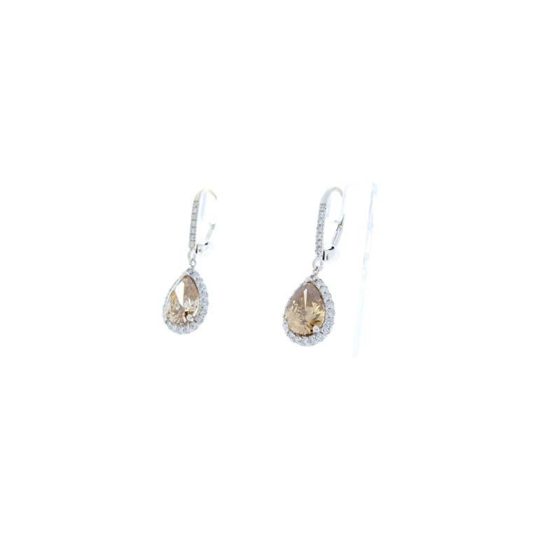 Contemporary 4.00 Carat Total Pear Shaped Fancy Brown Diamond Earrings in 18 Karat White Gold