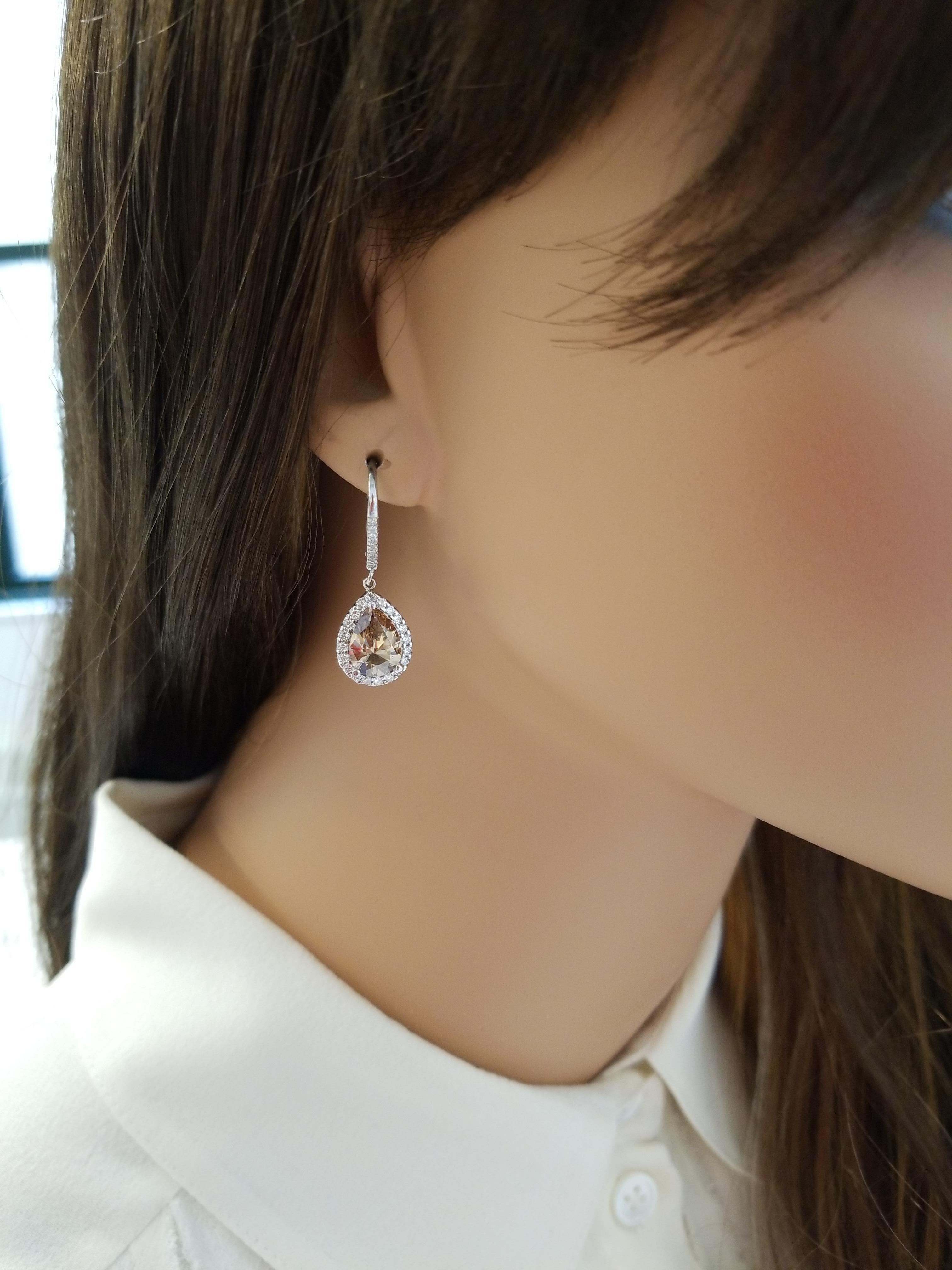Pear Cut 4.00 Carat Total Pear Shaped Fancy Brown Diamond Earrings in 18 Karat White Gold
