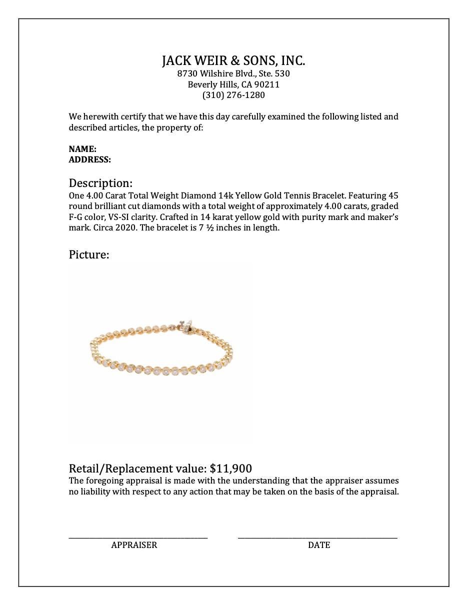 4.00 Carat Total Weight Diamond 14k Yellow Gold Tennis Bracelet For Sale 1