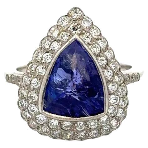 4.00 Carat Triangular Tanzanite and Diamond Platinum Double Halo Cocktail Ring