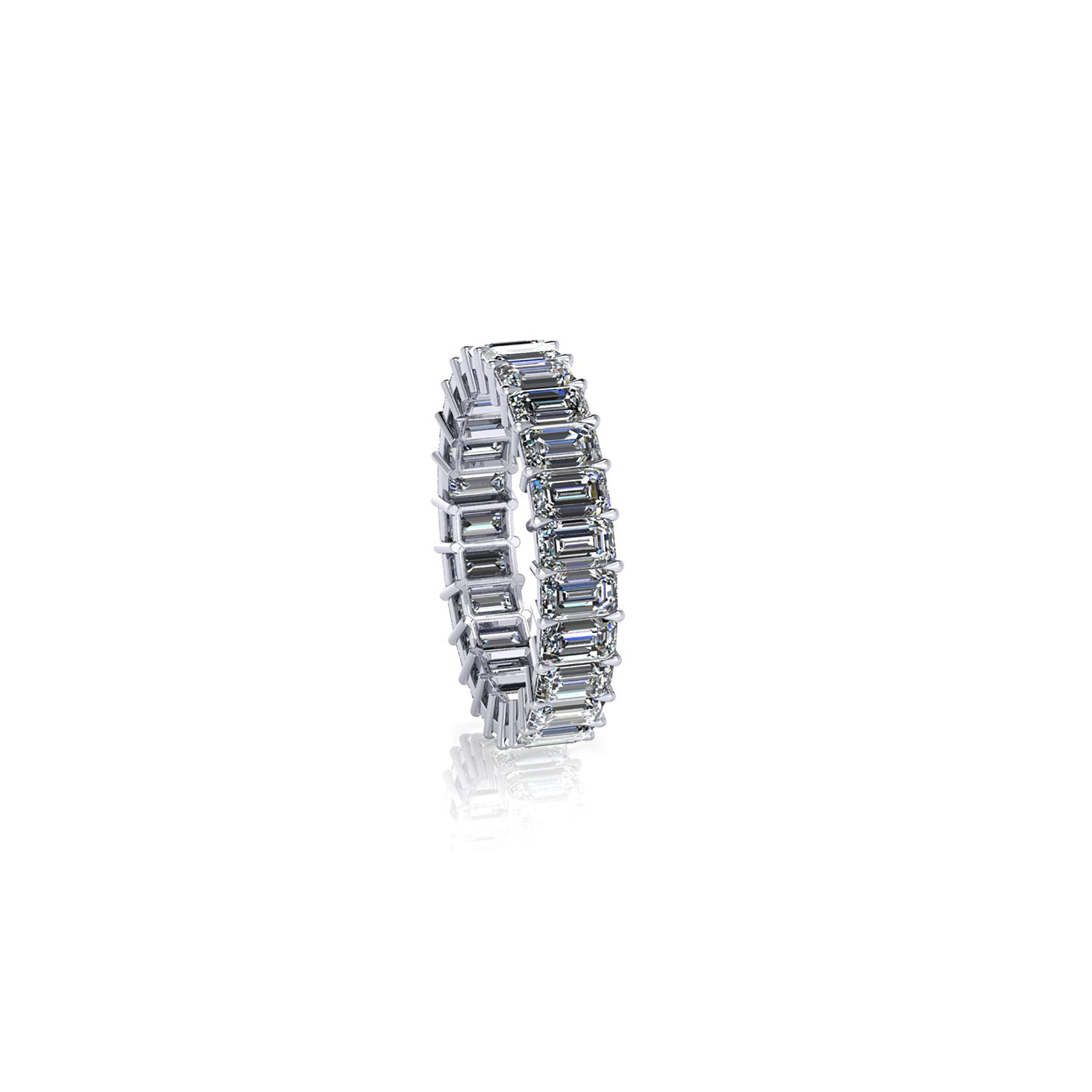 4.00 carats of bright white diamonds G color, VS clarity, set to perfection in a hand crafted, Platinum 950 eternity band, made in New York with the best Italian craftsmanship, size 6, complimentary sizing upon order, inquire for custom orders. 

