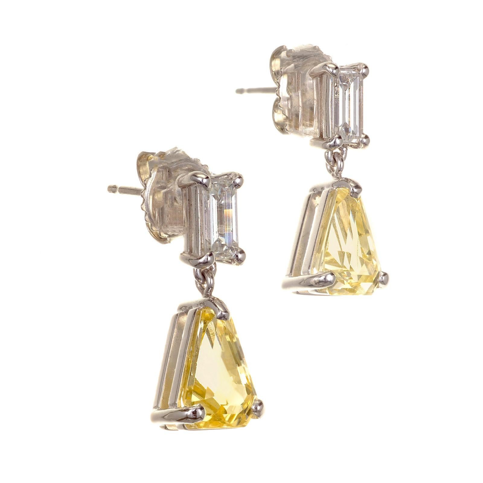 Baguette Cut 4.00 Carat Yellow Sapphire Diamond Platinum Dangle Earrings