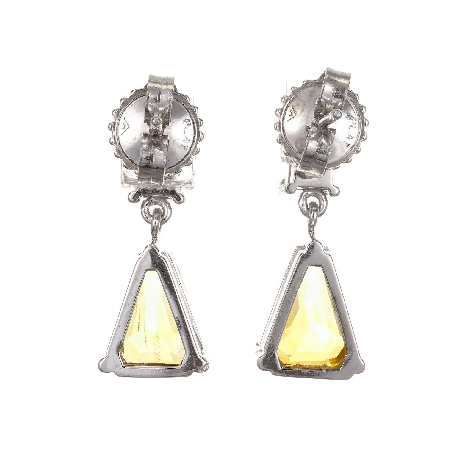 4.00 Carat Yellow Sapphire Diamond Platinum Dangle Earrings In Excellent Condition In Stamford, CT
