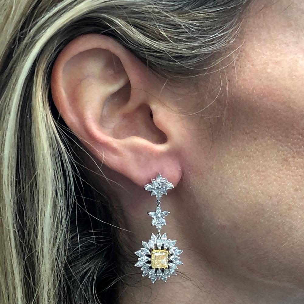 Princess Cut  Yellow & White Diamond 18 Karat Two-Tone Gold Drop Earrings