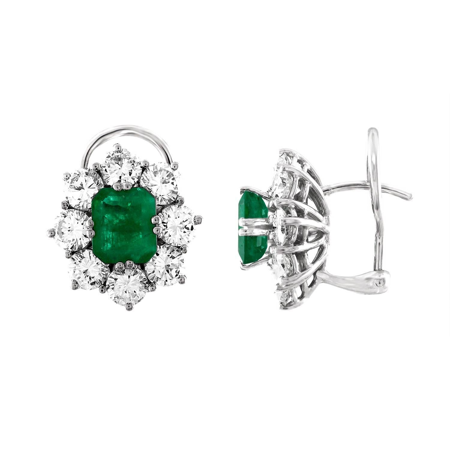 4.00 Carat Diamond and 2.50 Carat Emerald Gold Earrings For Sale