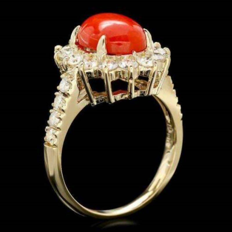 4.00 Carats Impressive Coral and Diamond 14K Yellow Gold Ring

Total Natural Oval Coral Weight is: 3.00 Carats

Coral Measures: 10.00 x 8.00mm

Natural Round Diamonds Weight: Approx. 1.00 Carats (color G-H / Clarity SI1-SI2)

Ring size: 6.5 (we