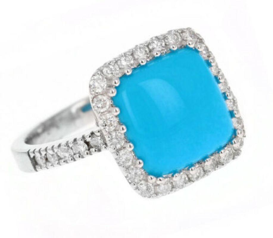 4,00 Quilates Impresionante Anillo de Turquesa Natural y Diamante en Oro Blanco de 14K Corte mixto en venta