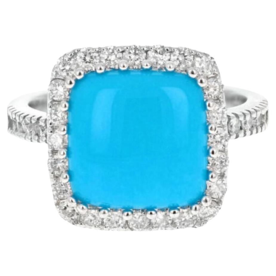 4.00 Carats Impressive Natural Turquoise and Diamond 14K White Gold Ring