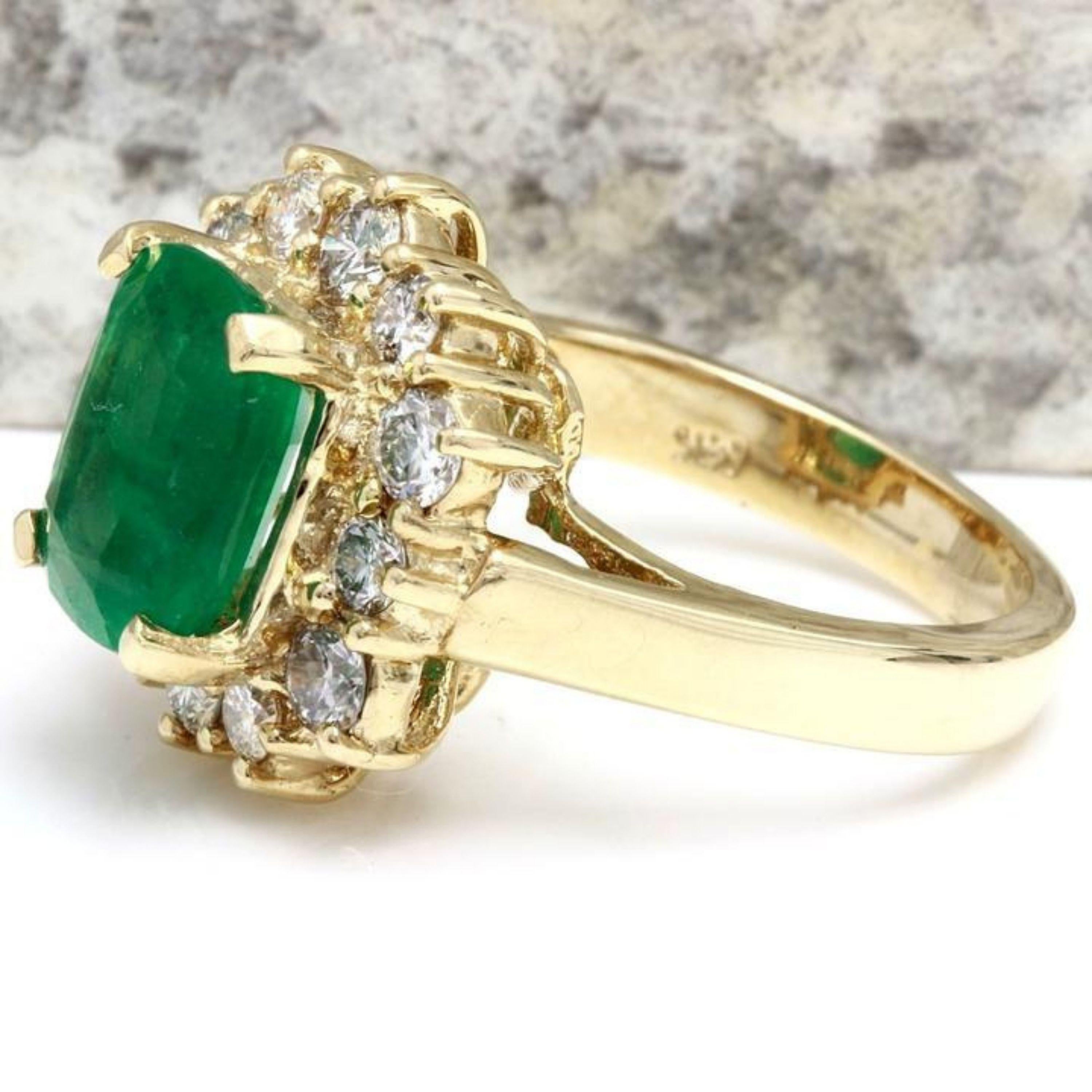 4.00 Carats Natural Emerald and Diamond 14K Solid Yellow Gold Ring

Total Natural Cushion Cut Emerald Weight is: Approx. 2.75 Carats (transparent )

Emerald Measures: Approx. 9.86mm x 7.90mm

Emerald Treatment: Oiling

Natural Round Diamonds Weight: