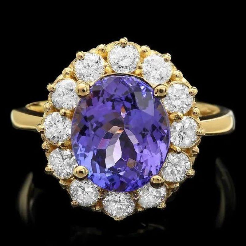 Taille mixte Bague en or jaune massif 14 carats avec tanzanite naturelle de 4,00 carats et diamants en vente