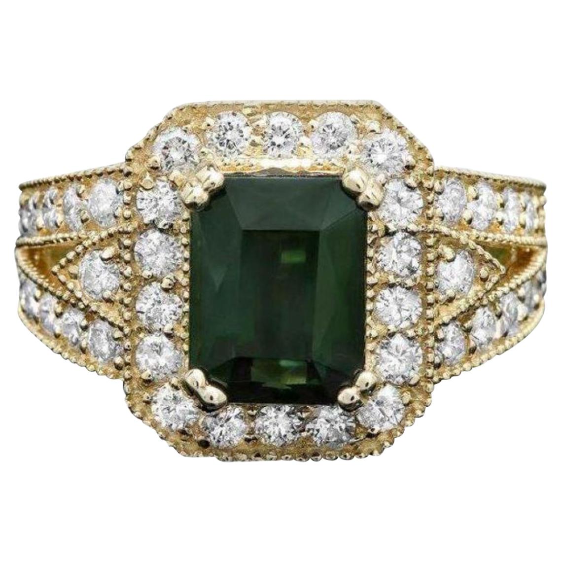 4.00 Carats Natural Tourmaline and Diamond 14k Solid Yellow Gold Ring