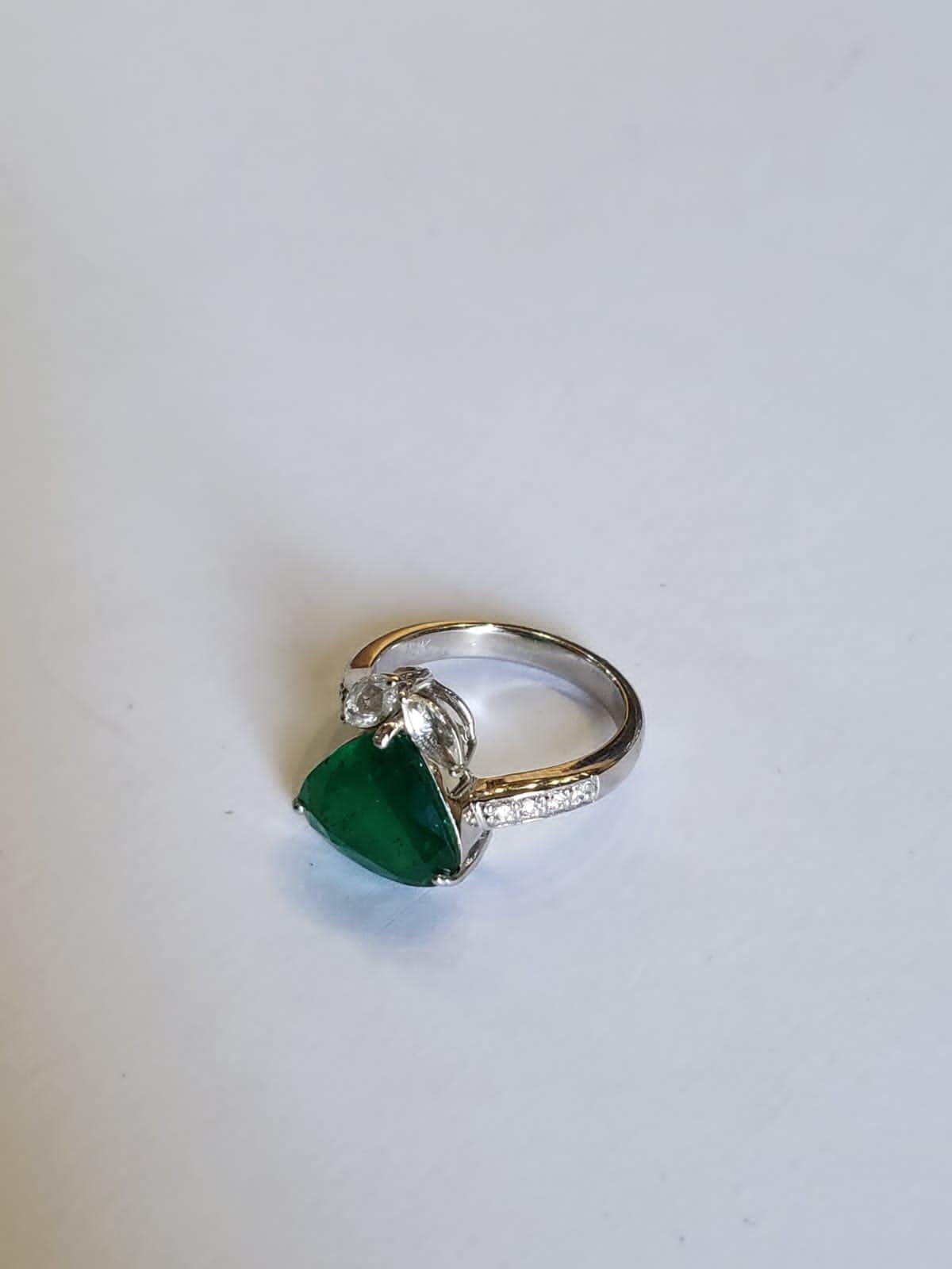 Art Deco 4.00 Carats, Natural Zambian Emerald & Rose Cut Diamonds Engagement Ring For Sale