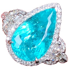4.00 Carats Pear Shape Mozambique Paraiba Tourmaline Ring, AIGS Neon Blue