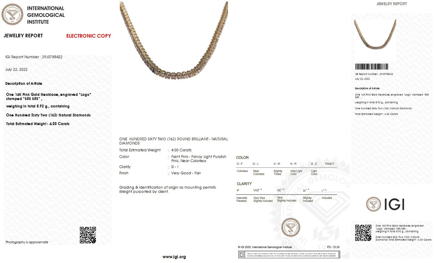 Round Cut NO RESERVE PRICE-IGI Certified 4.00ct Natural Pink Diamond Choker Necklaces 14k 