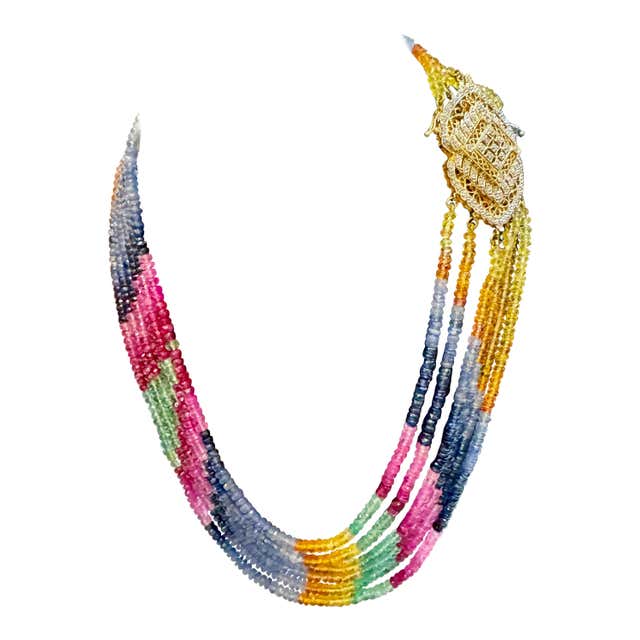 70ct Single Layer Natural Emerald Ruby and Sapphire Bead Necklace 14k ...
