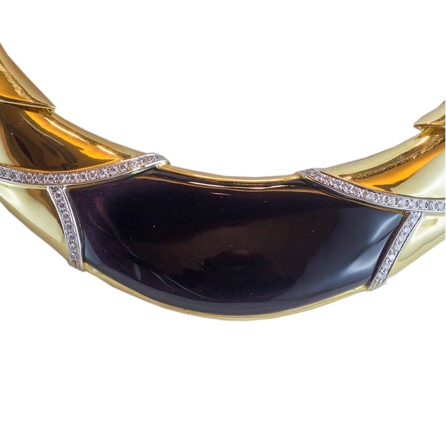 Egyptian Revival 4.00 Carat Black Onyx Diamond Gold Tulip Motif Necklace For Sale