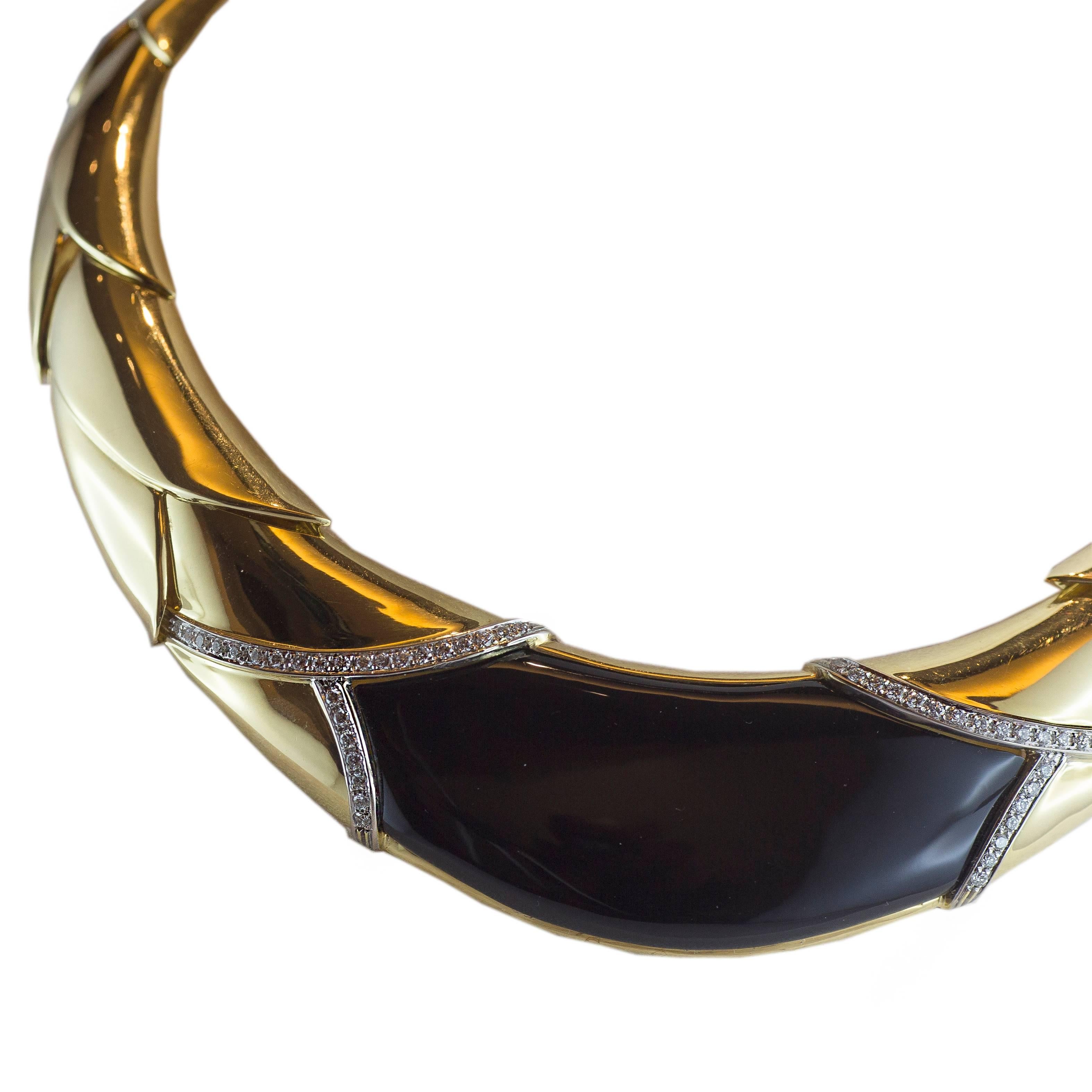 4.00 Carat Black Onyx Diamond Gold Tulip Motif Necklace In New Condition For Sale In Florence, Tuscany