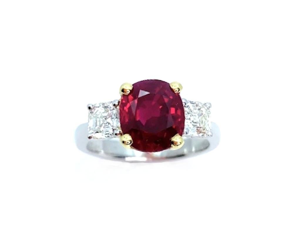 Artisan GIA Certified 4.00 Carat Pigeon's Blood Burmese Ruby and Diamond 3-Stone Ring For Sale