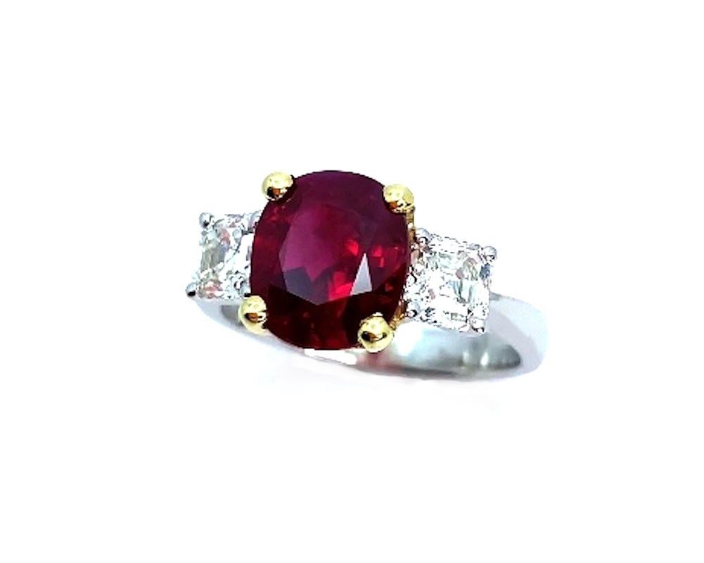 Cushion Cut GIA Certified 4.00 Carat Pigeon's Blood Burmese Ruby and Diamond 3-Stone Ring For Sale