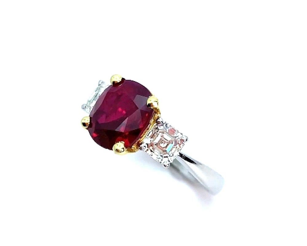 GIA Certified 4.00 Carat Pigeon's Blood Burmese Ruby and Diamond 3-Stone Ring In New Condition For Sale In Los Angeles, CA