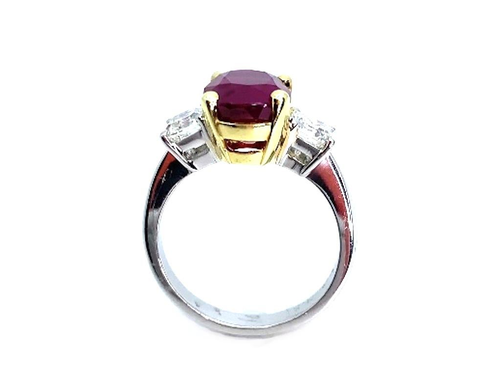 Women's GIA Certified 4.00 Carat Pigeon's Blood Burmese Ruby and Diamond 3-Stone Ring For Sale
