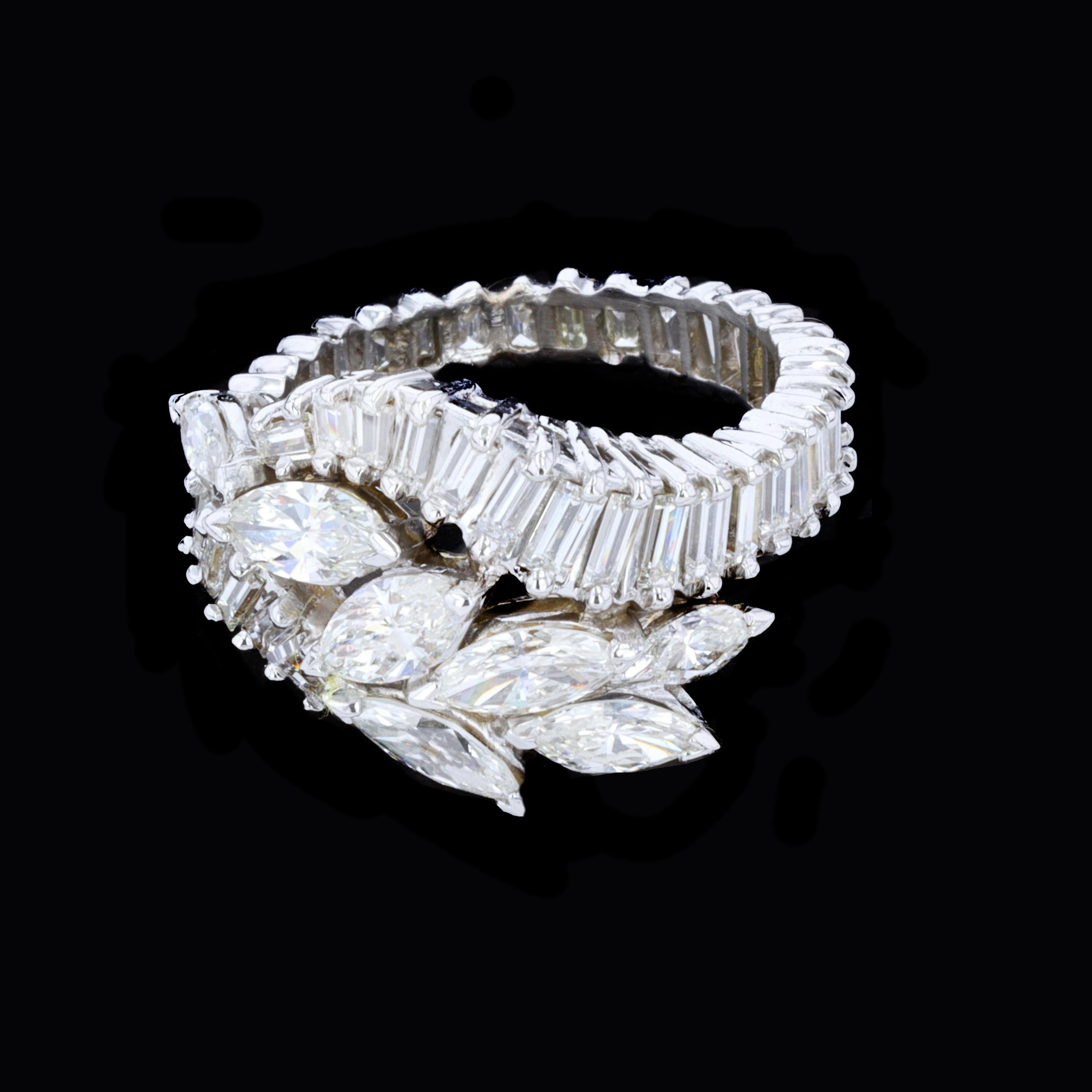 Art Deco 4.00 ct Platinum Baguette & Marquise Diamond Cocktail Ring For Sale