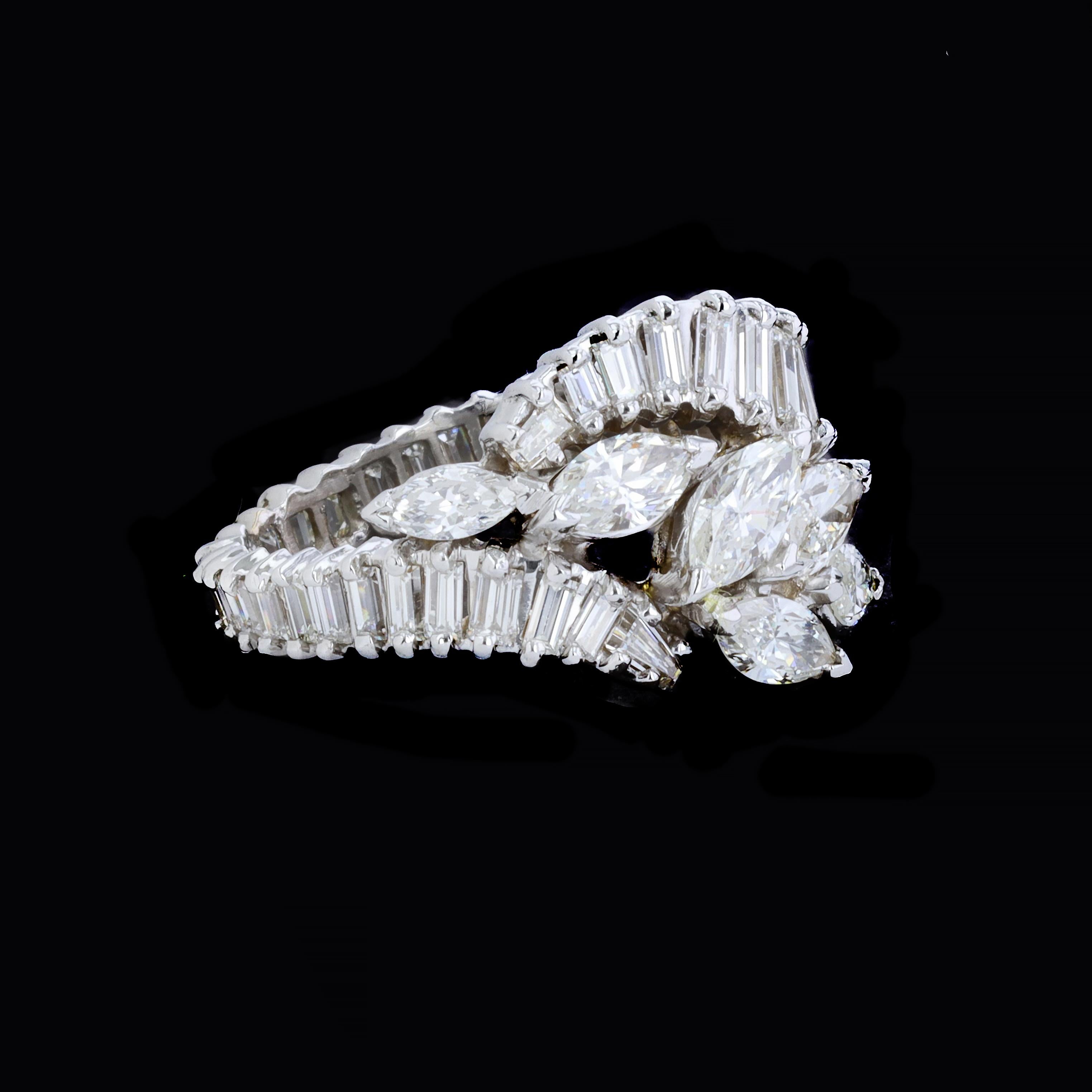 Mixed Cut 4.00 ct Platinum Baguette & Marquise Diamond Cocktail Ring For Sale
