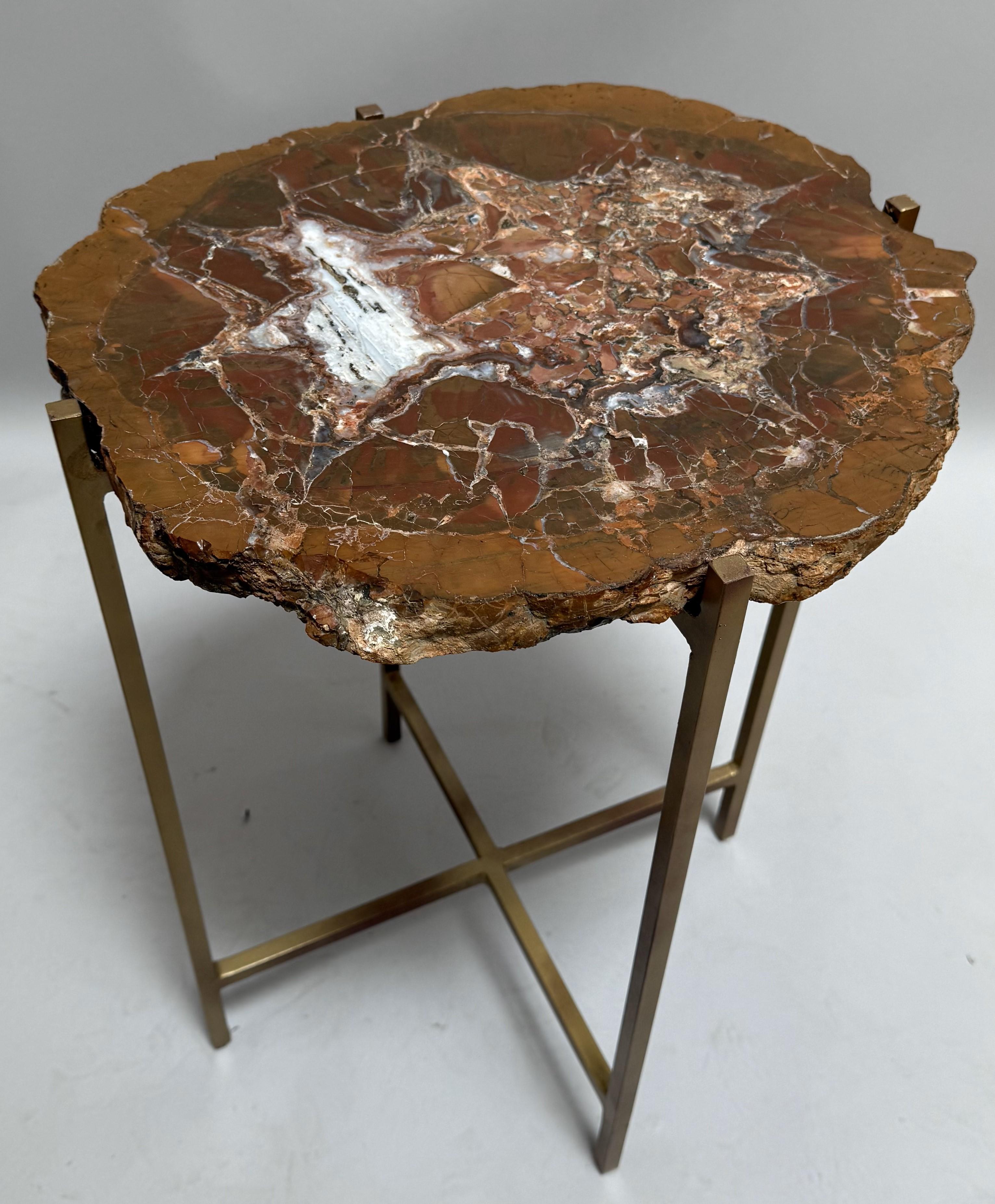 Organic Modern 400 Million Year Old Petrified Wood Slab Table with Custom Gilded Iron Base For Sale