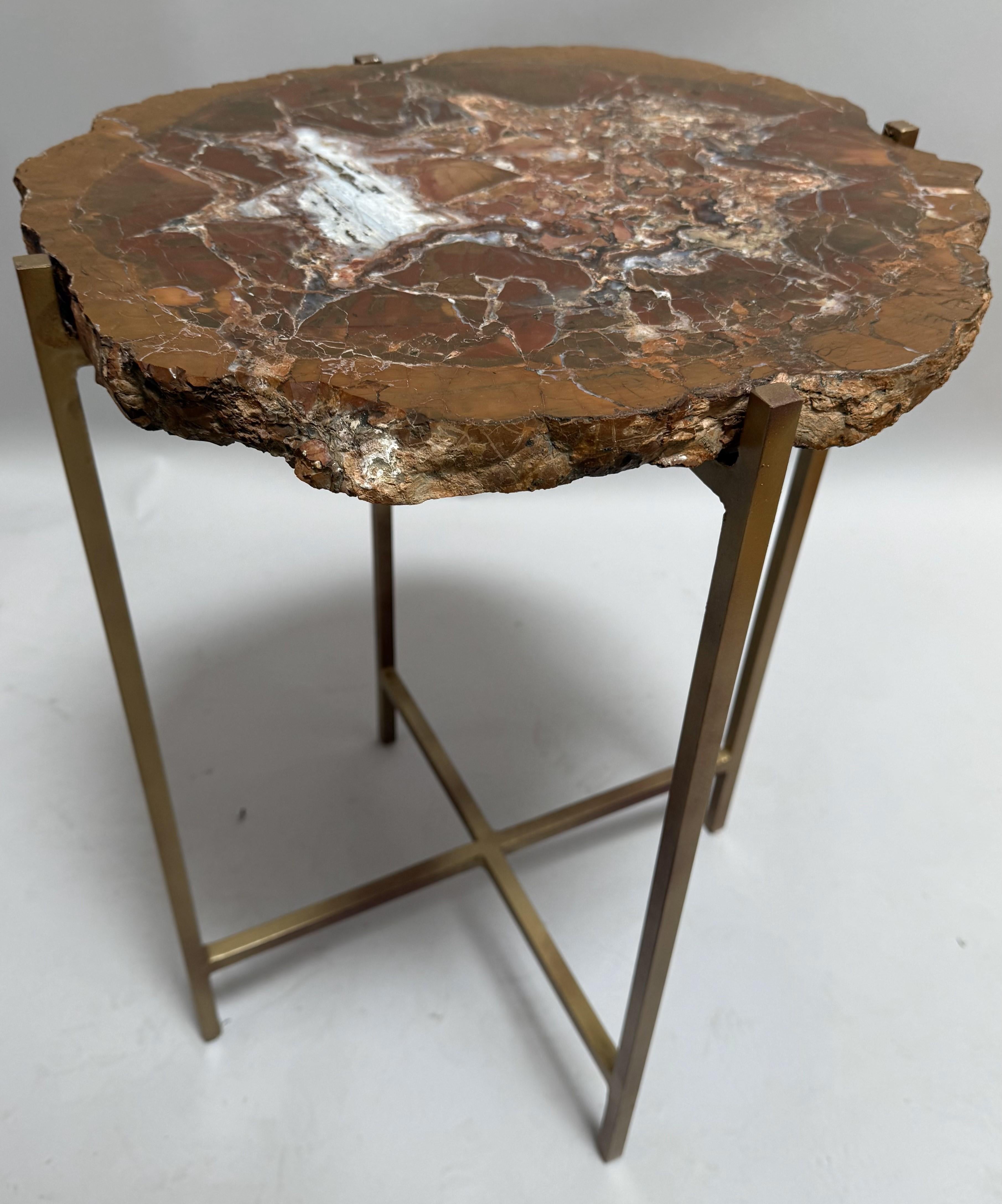 American 400 Million Year Old Petrified Wood Slab Table with Custom Gilded Iron Base For Sale