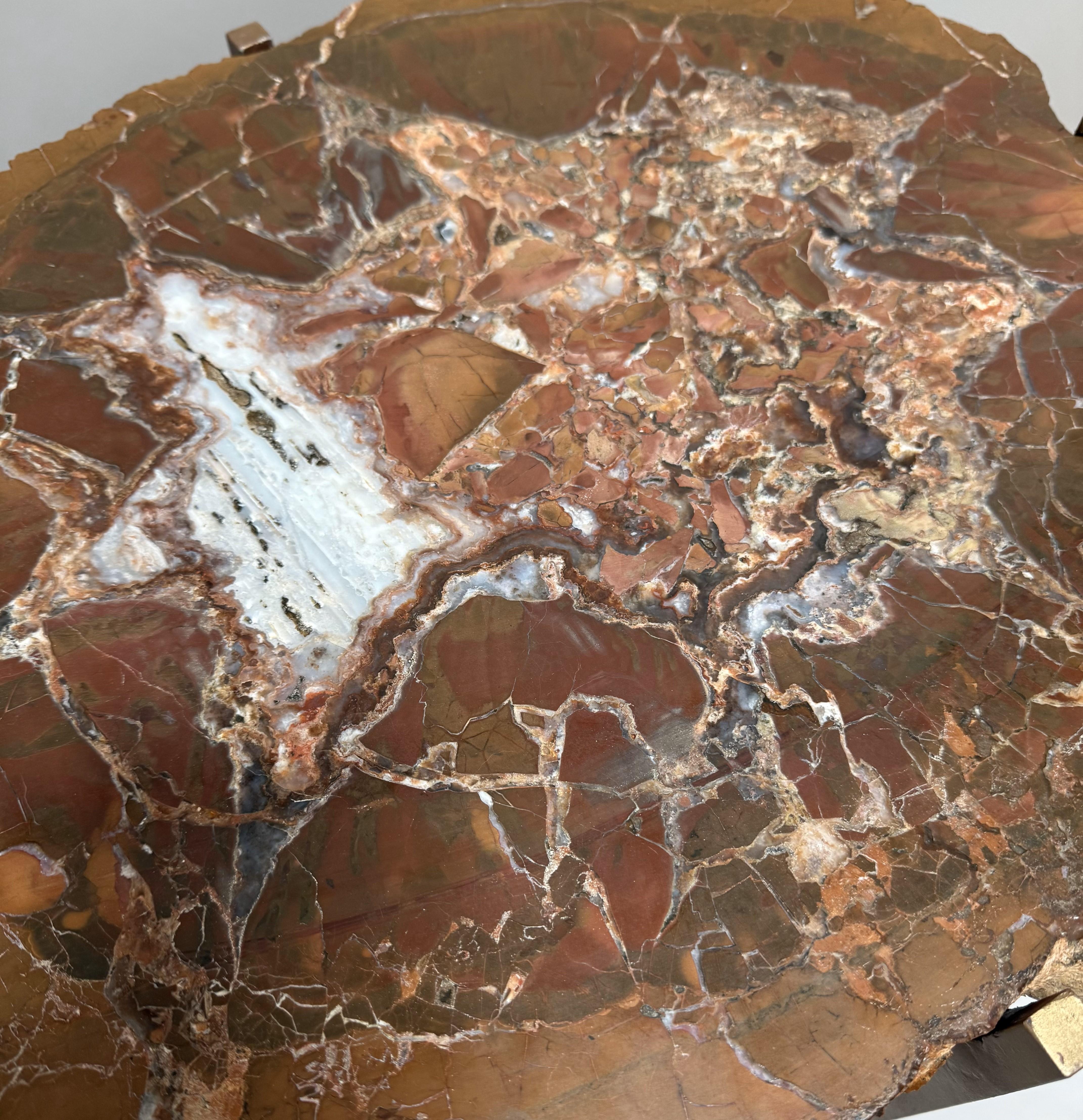Carved 400 Million Year Old Petrified Wood Slab Table with Custom Gilded Iron Base For Sale
