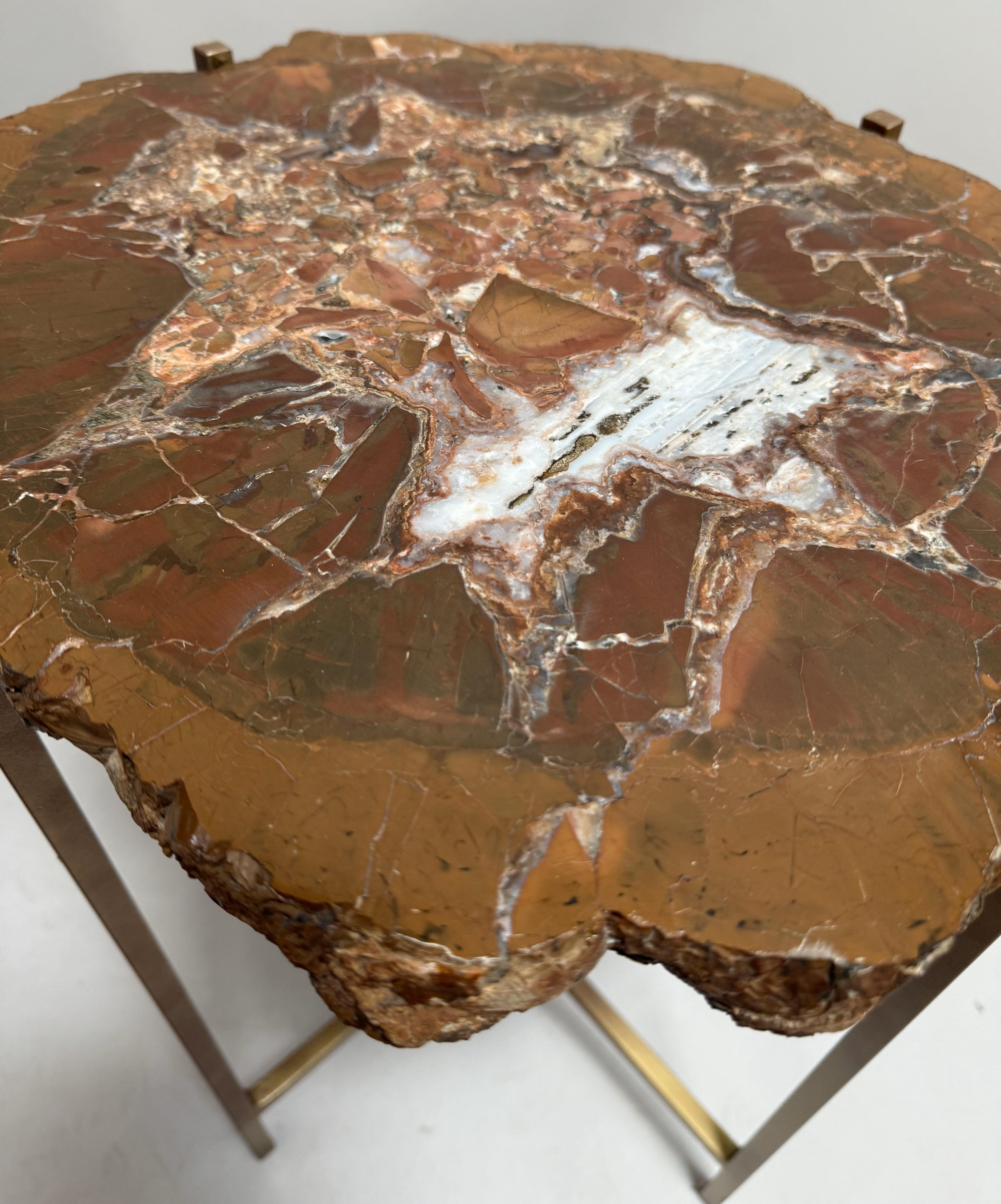400 Million Year Old Petrified Wood Slab Table with Custom Gilded Iron Base For Sale 1