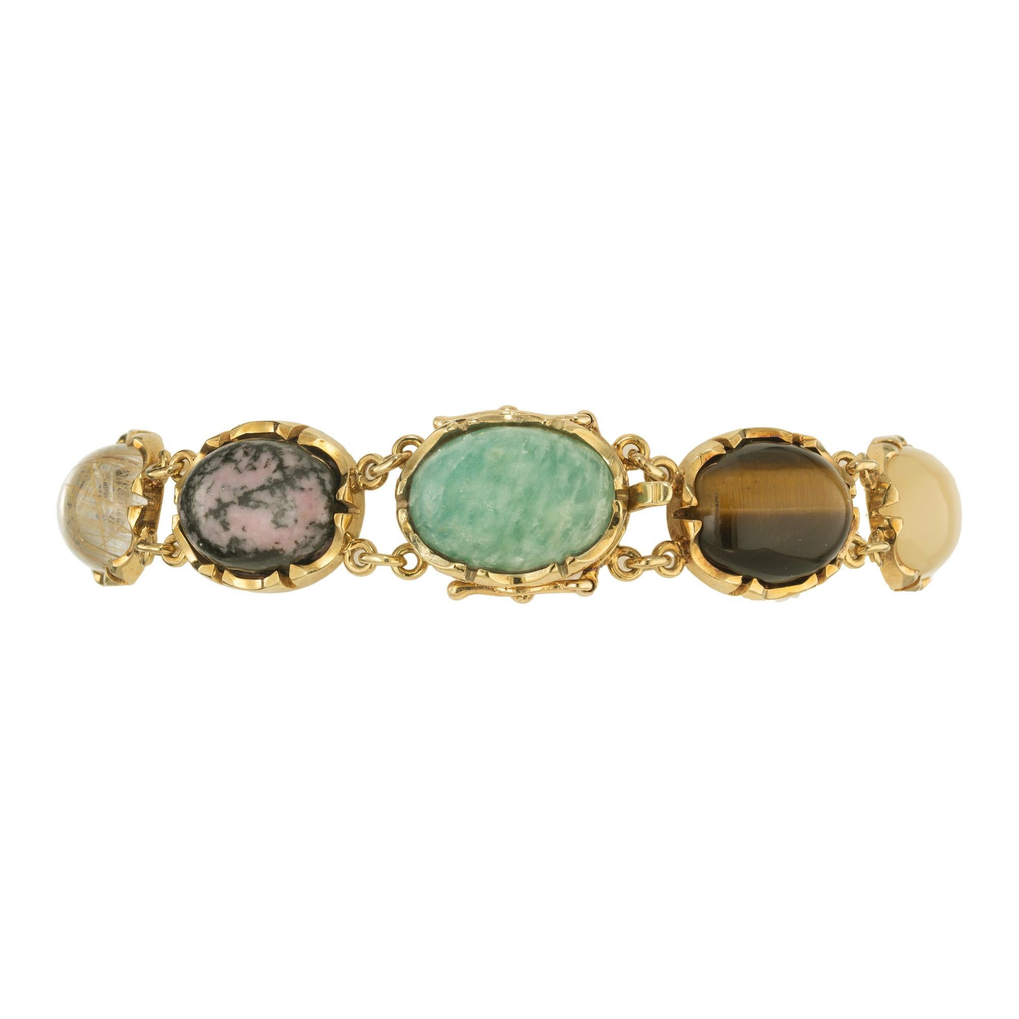 Oval Cut 40.00 Carat Natural Tiger Eye Amethyst Quartz Aventurine Gold Link Bracelet For Sale