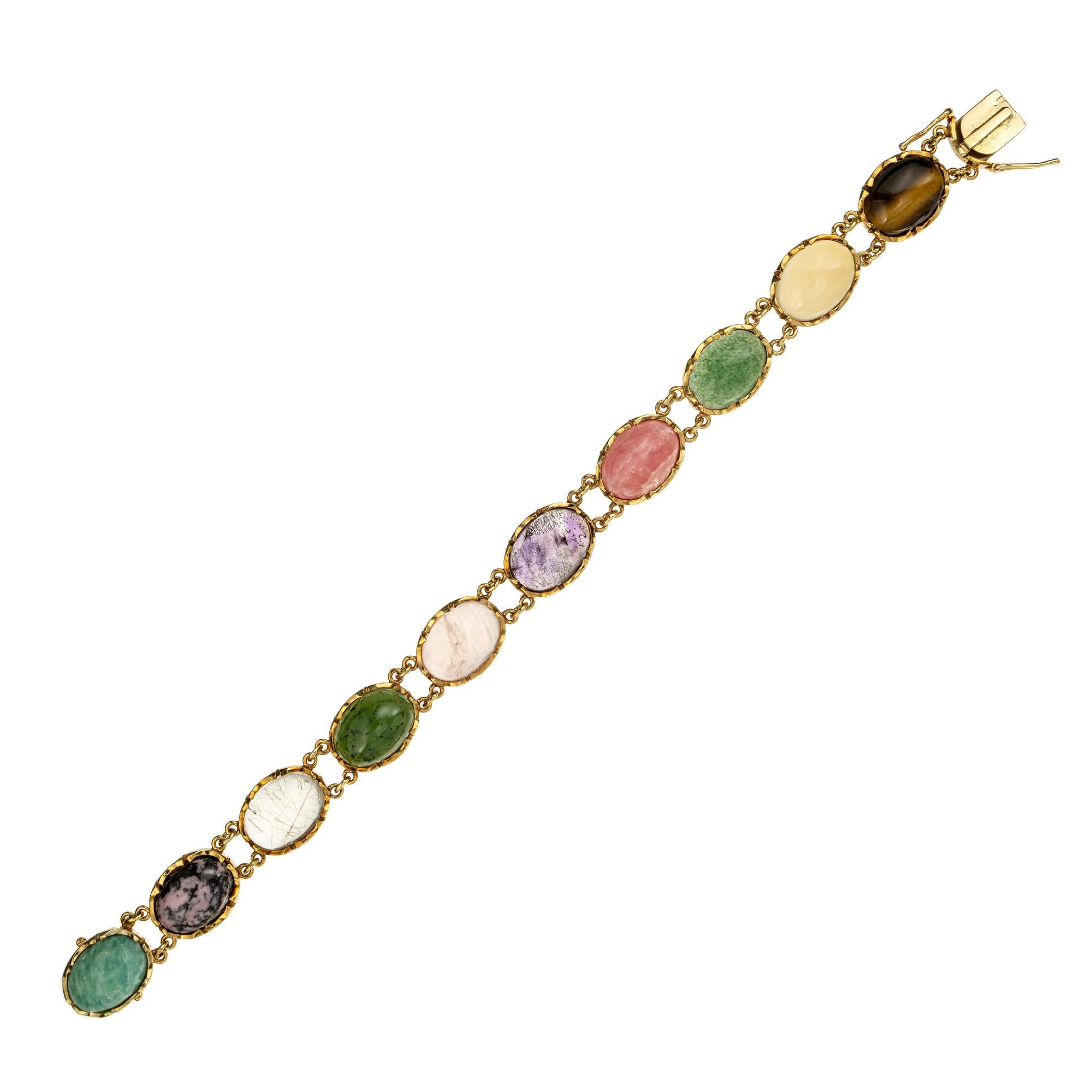 40.00 Carat Natural Tiger Eye Amethyst Quartz Aventurine Gold Link Bracelet In Good Condition For Sale In Stamford, CT