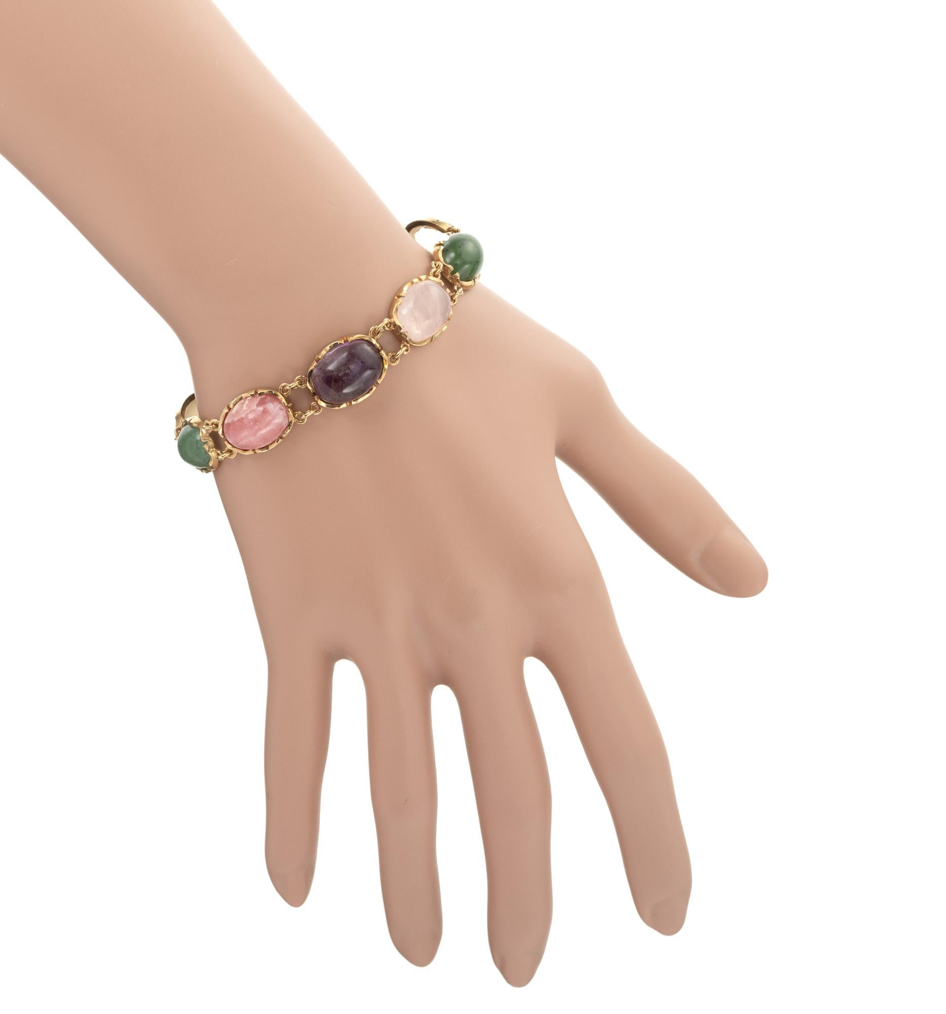 Women's 40.00 Carat Natural Tiger Eye Amethyst Quartz Aventurine Gold Link Bracelet For Sale