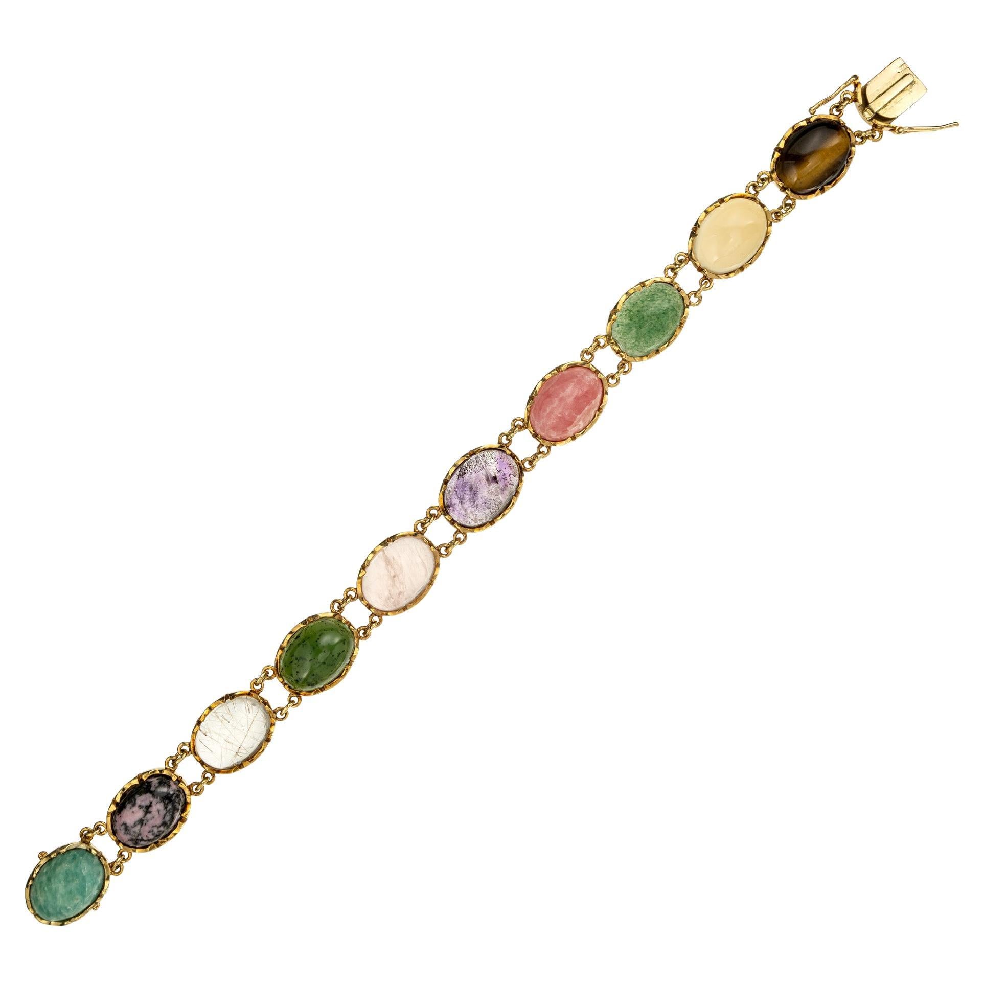 40.00 Carat Natural Tiger Eye Amethyst Quartz Aventurine Gold Link Bracelet For Sale