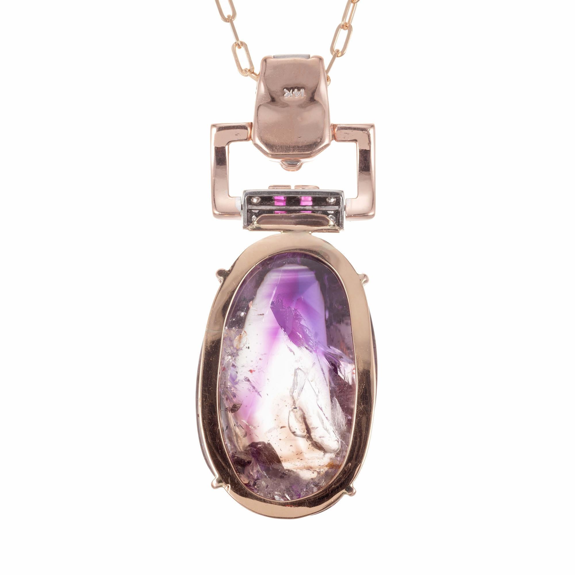 Oval Cut 40.00 Carat Quartz Amethyst Ruby Diamond Gold Art Deco Pendant Necklace For Sale