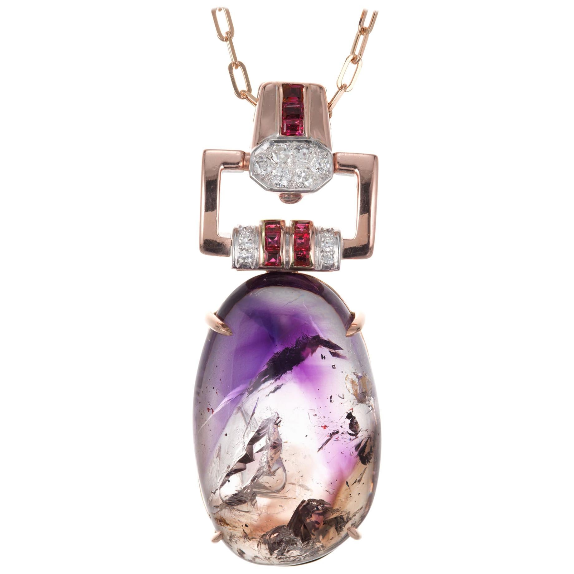 40.00 Carat Quartz Amethyst Ruby Diamond Gold Art Deco Pendant Necklace