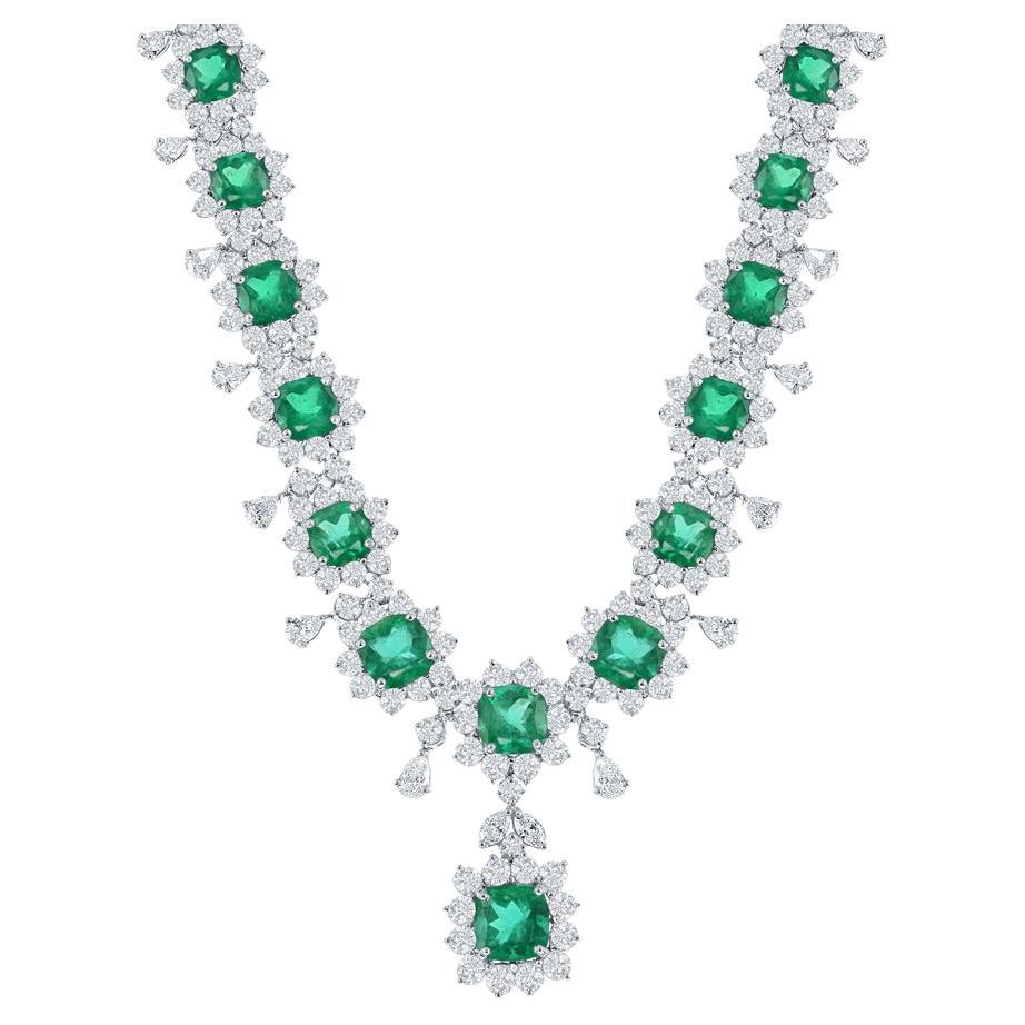 40.01 Carat Cushion Cut Emeralds and Diamond Necklace in Platinum
